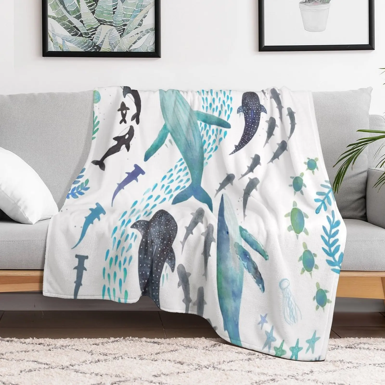 Декоративные одеяла с принтом Акулы горбатые киты Оркас и черепахи декоративные
