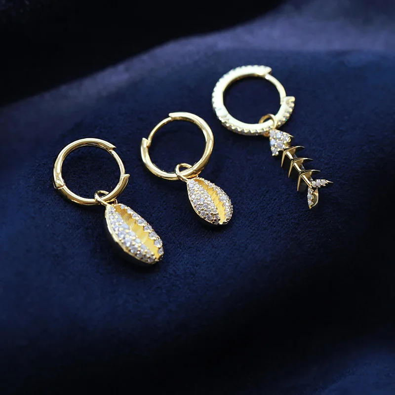 

June New 925 Sterling Silver Yellow Gold Color Mono Conch Shell Fishbone Seahorse Earring Pave Zircon Eye Women Fine Jewelry
