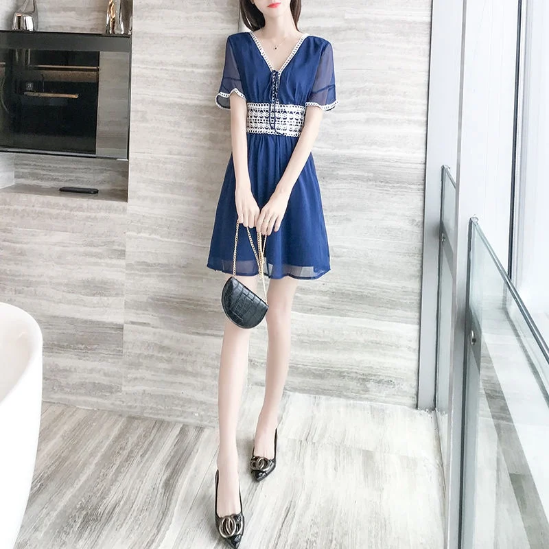 

Summer Woman Chiffon Mini V-Neck Embroidery Patchwork New Fashion Draw String Short Sleeves Dresses Female
