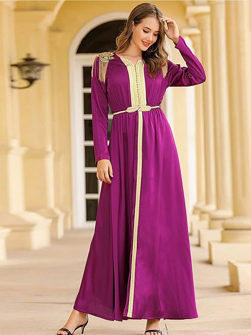 Rhinestone Moroccan Kaftan Long Dress Women Satin Vintage Fringe Epaulette Elegant Muslim Abaya Party Gown Dubai Islamic Caftan