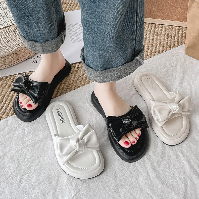 

Low Slippers Casual Women's Shoes With Platform Butterfly-Knot Pantofle Shale Female Beach Slides Luxury 2022 Sabot Fabric Rubbe