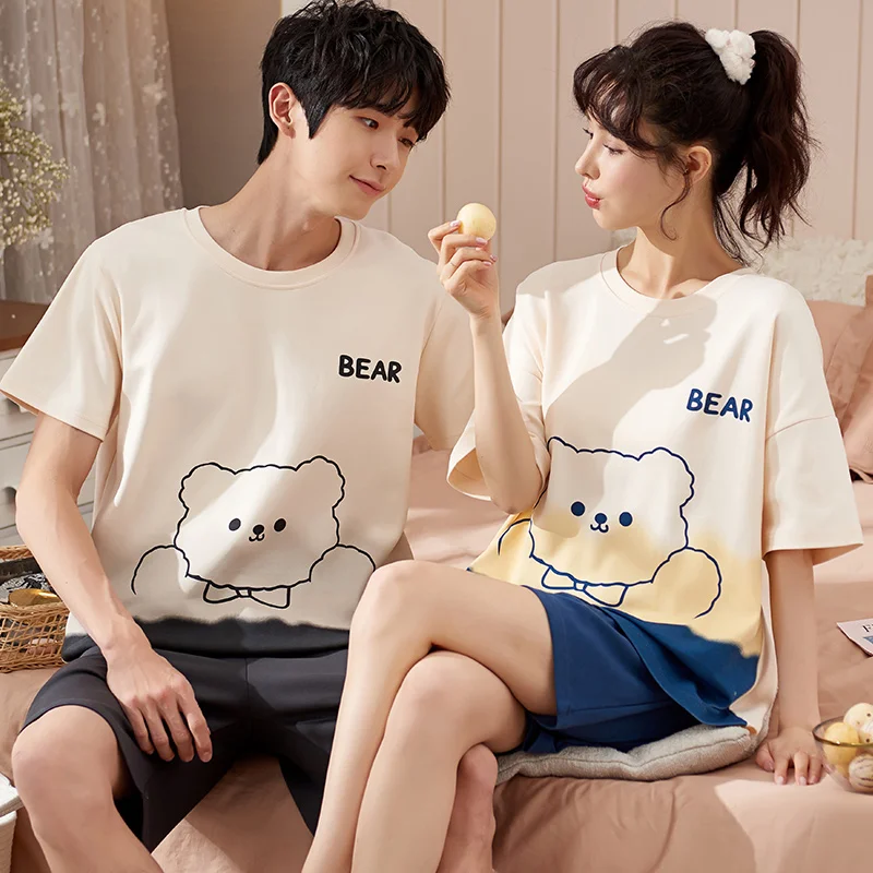 New Short Sleeve Sleepwear Couple Men and Women Matching Home Set Cotton Pjs Cartoon Prints Leisure Nightwear Pajamas for Summer images - 6