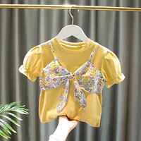 girls summer t shirt baby korean fashion floral short sleeve little girl cute sling bow bottom shirt girls shirts