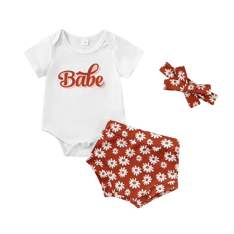 

3 Pieces Baby Clothes Set Letter Print Round Neck Short Sleeve Romper+ Daisy Print Shorts+ Headband for Girls 0-18 Months