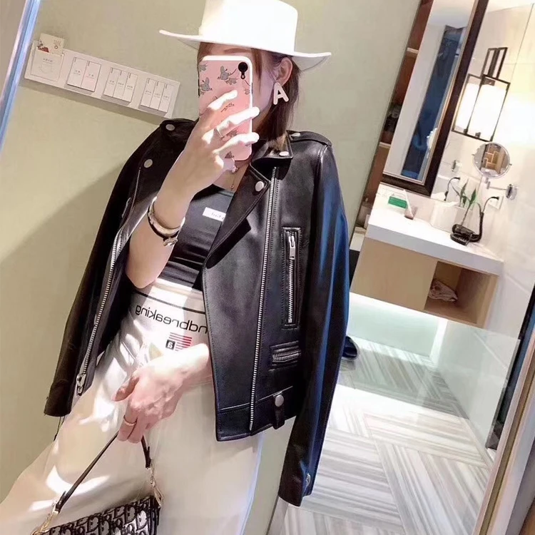 High Quality Autumn Fall Spring 2023 Women's Moto Biker Zipper Jacket Genuine Real Leather Sheepskin Coat for Female Black XXXL