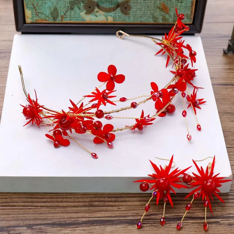 

Exquisite Red Rose Flower Tiara and Earrings Chinese Bride Wedding Hair Ornaments Women Crystal Hair Hoop Headbands NA