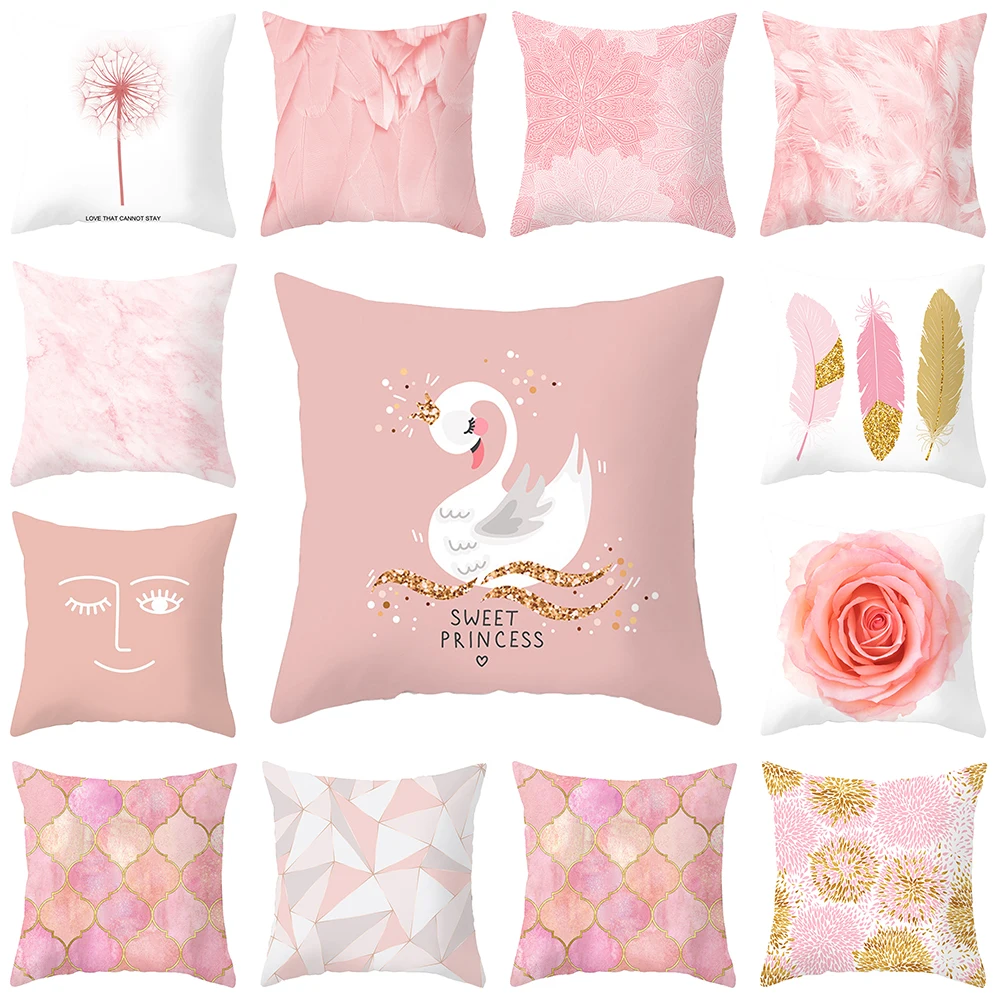 45x45cm Luxury Pink Feather Print Pillowcase Geometric Marble Pillow Case Cushion Cover Pillowcases Covers Decorative |