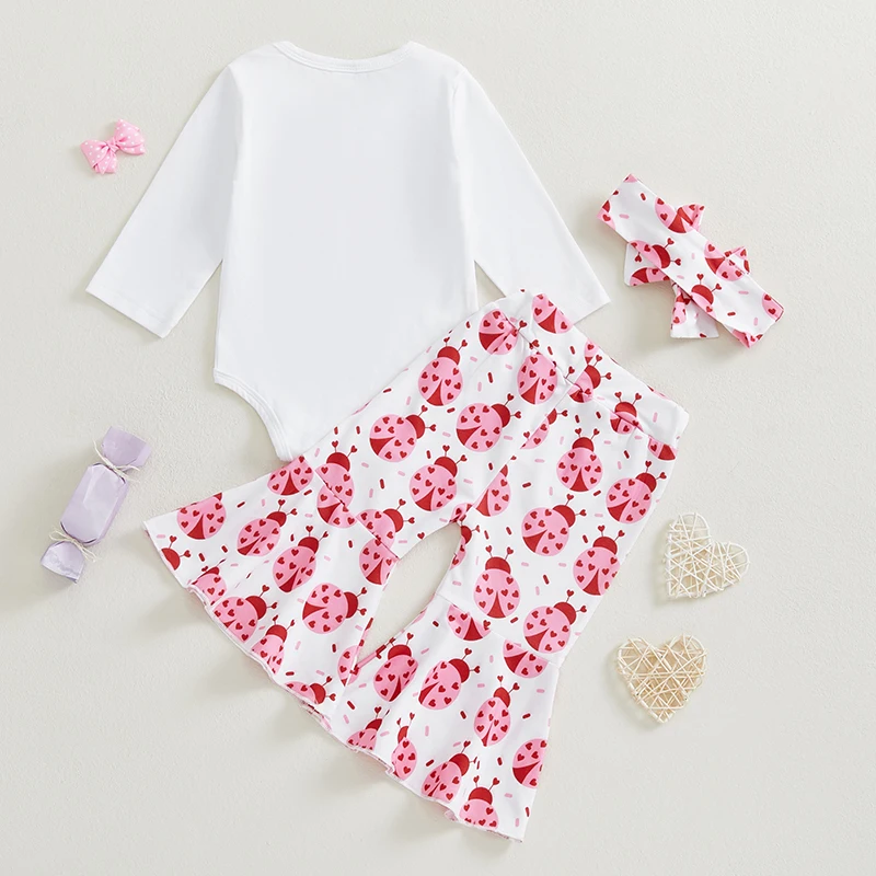 Baby Girls 3PCS Pants Sets Long Sleeve O Neck Romper Ladybug Bow Print Headband