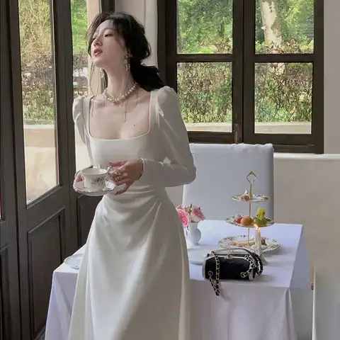 French Chic Elegant White Midi Dress Summer Women Casual One Piece Princess Party Evening Long Dress Vestidos Drop Shipping New