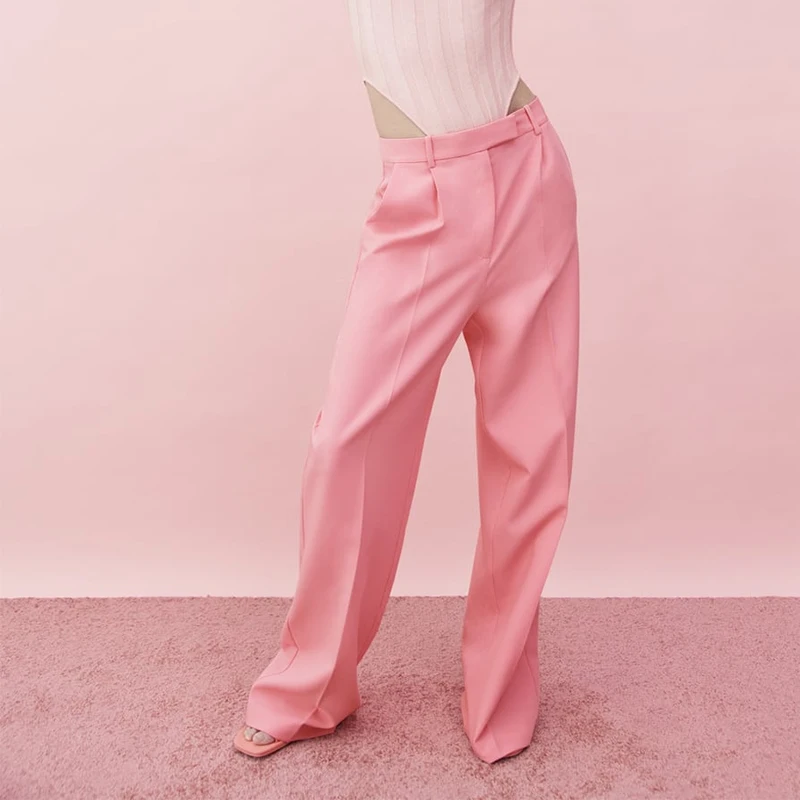 

Spring 2022 Women Pink Neutral Wide Leg Pants Trousers High Waist Pockets Female Solid Suit Pants Pantalon DA2250