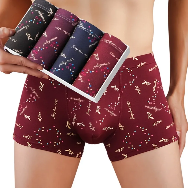 4pcs/Lot Set Cotton Boxer Underwear Men Mens Underpants Male Panties Shorts U Convex Pouch Men Printing Comfortable M-4XL