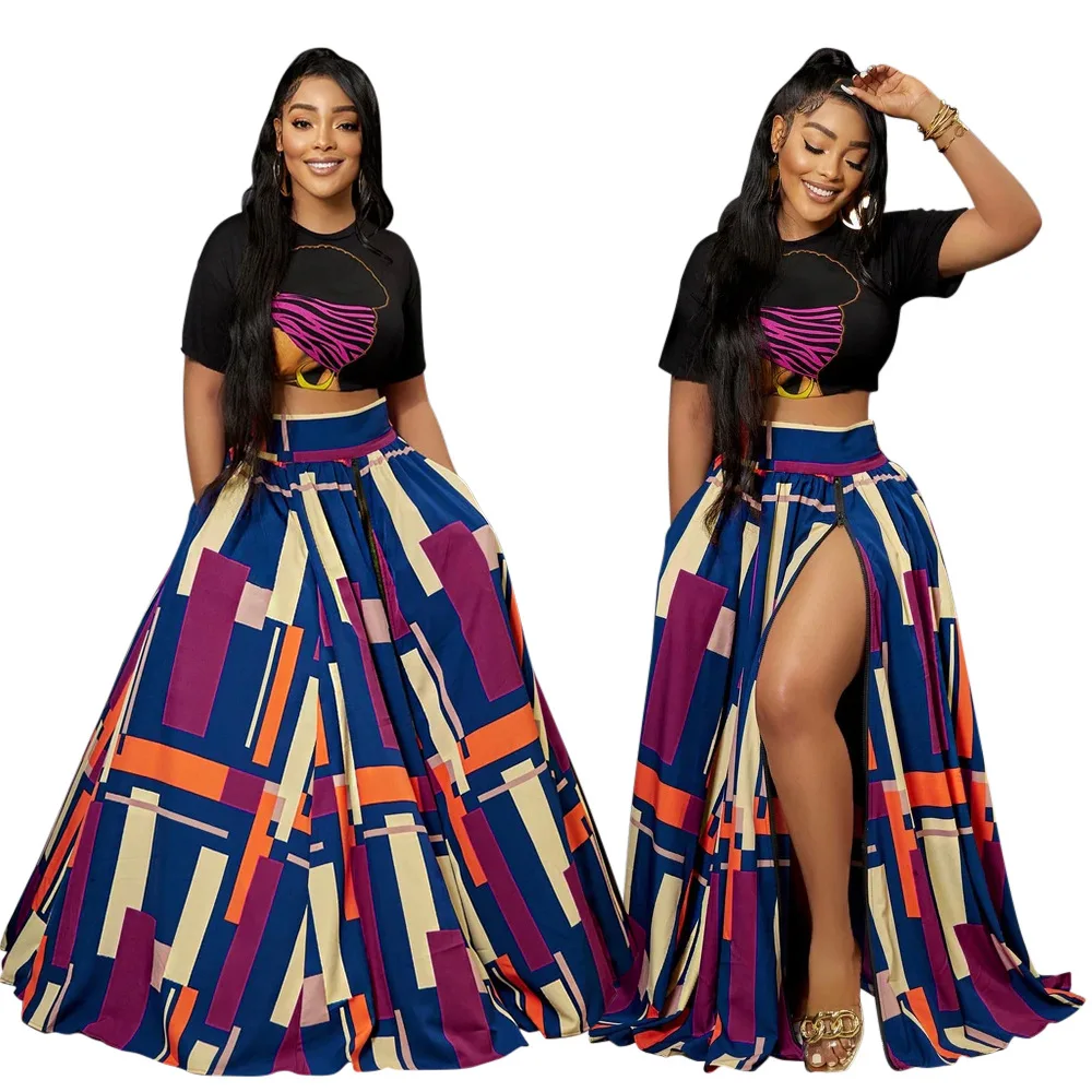 

2022 Summer Fashion African Women Short Sleeve O-neck Printing Polyester Two Pieces Sets Top and Long Skirts African Clothes