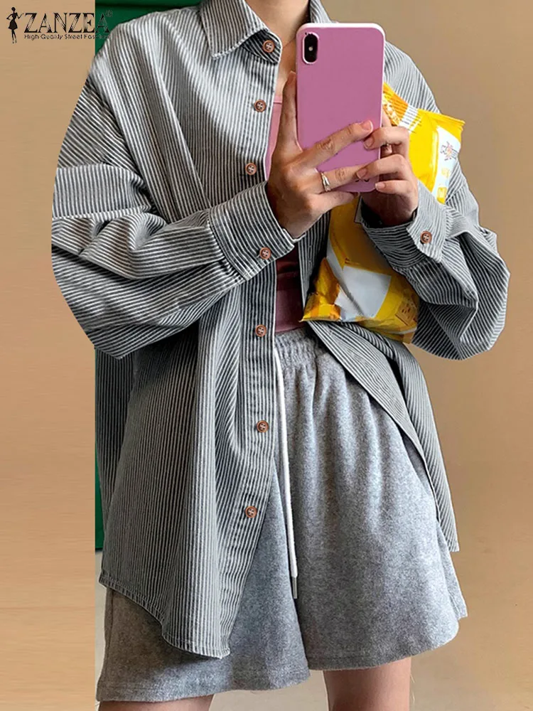 

ZANZEA Street Fashion Shirts Women Stripe Chic Blouse Holiday Lapel Long Sleeve Tops Tunic 2023 Spring Korean Pocket Blusa Femme