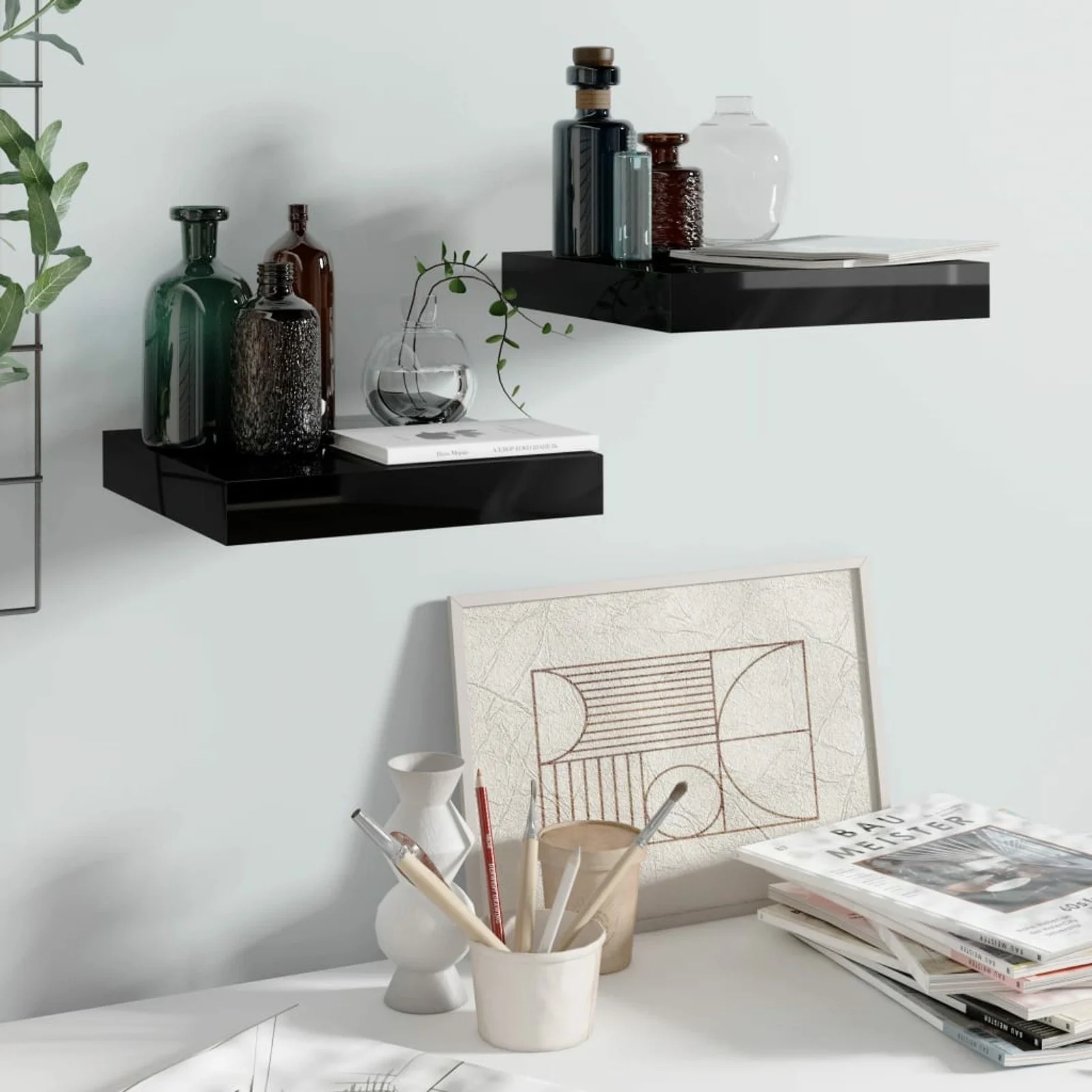 

Floating Wall Shelves 2 pcs High Gloss Black 9.1"x9.3"x1.5" MDF