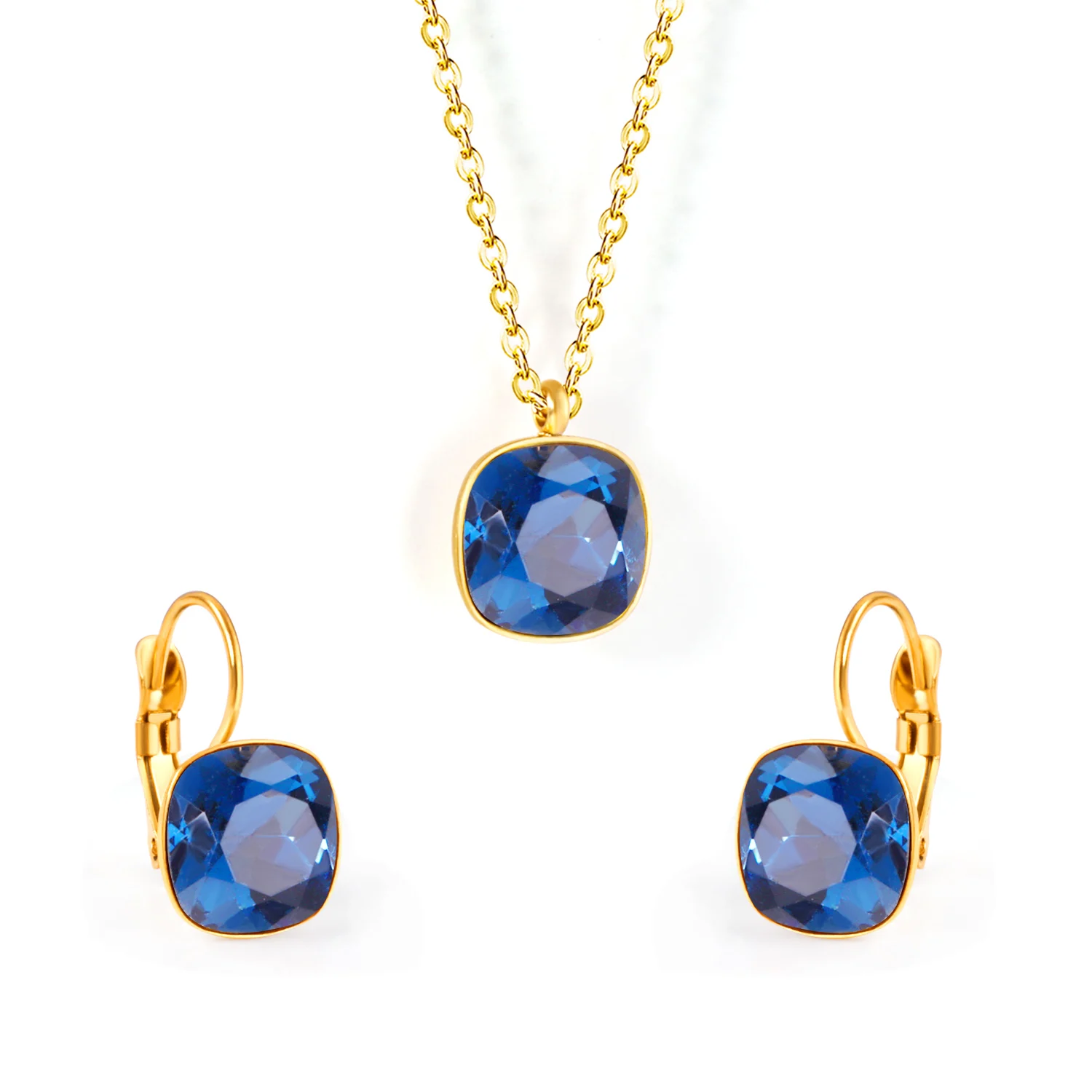 

ASON Stainless Steel Necklace Earrings Set Colorful Square Crystal Necklaces For Women Fashion Jewelry Sets Temperament Gift