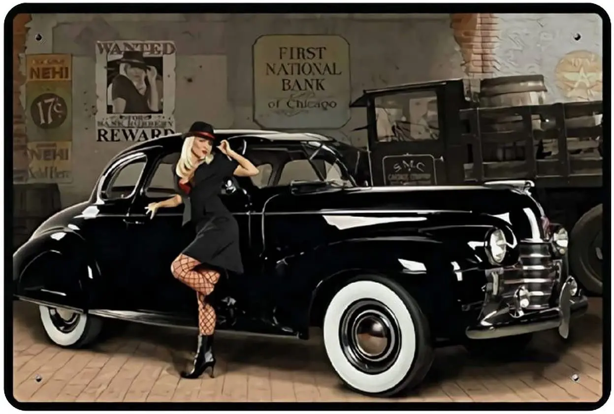

Gangster Classic Car Pin Up Girl Metal Tin Sign, Vintage Plaque Poster Garage Bar Home Wall Decor 8 X 12 Inches
