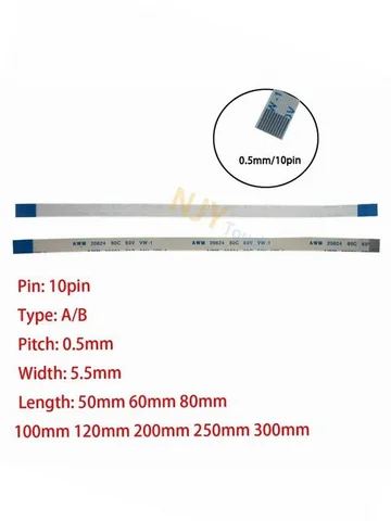 10Pin 0,5 мм Шаг FFC FPC AWM 20624 80C 60V VW-1 A B Тип плоский гибкий кабель 60/100/150/200/250/300/400 мм