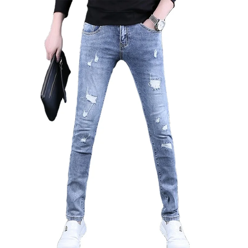 Summer Men Ripped Jeans Streetwear Casual Slim Fit Pencil Pants Korean Style Blue Denim Trousers