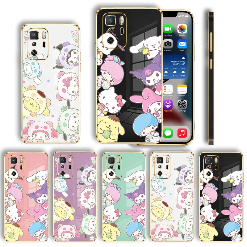 

Family Hello Kitty Kuromi Cinnamoroll For Xiaomi Redmi Note 11 11T 10T 9T 9 9S 7 8 10 Pro for Redmi 9A 9C 10C K40 Plating Case