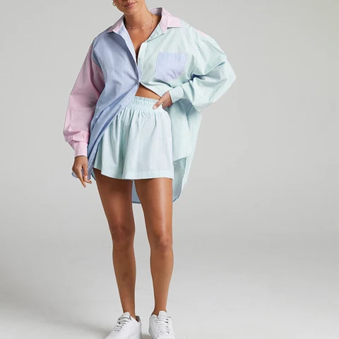 New Women Tracksuits Long Sleeve Shirt With Mini Shorts Striped Two Pieces Sets Ladies Outfits Blouses Fashion Clothes