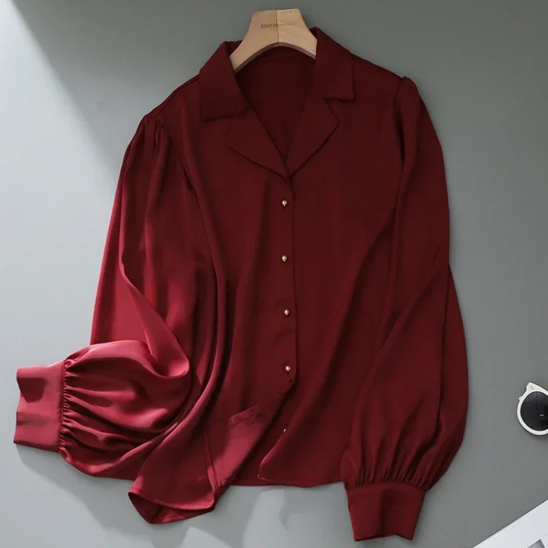 Блузка Женская атласная с длинным рукавом винтажная Однотонная рубашка в