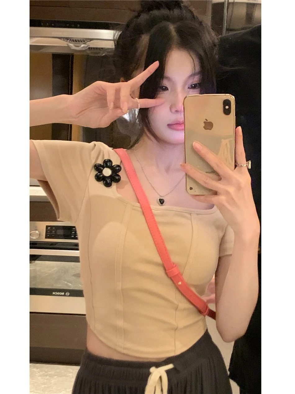 Футболка с квадратным воротником и коротким рукавом женская летняя Новинка