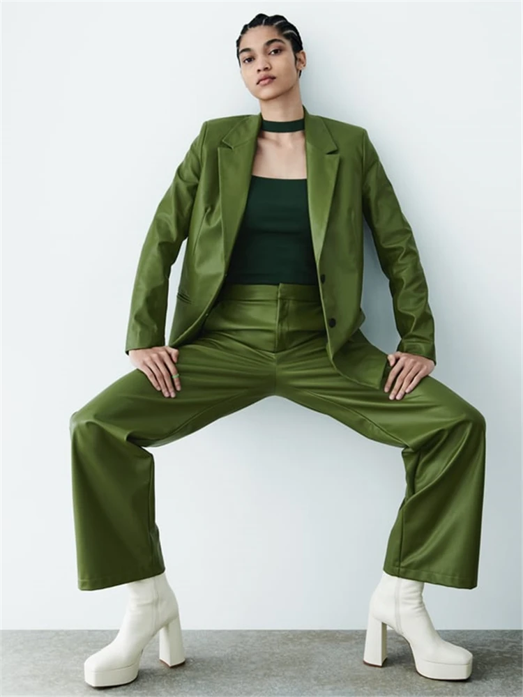 KEYANKETIAN  2022 spring and autumn new women's imitation leather jacket retro green single-breasted PU leather suit