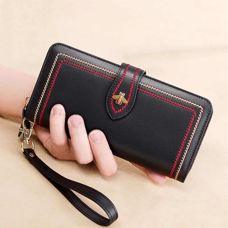 High Quality Leather Women Wallet Clutch Female Purse Long Money Bag Zipper Coin BeeLuxury Brand Wristlet Phone Hasp Card Holder