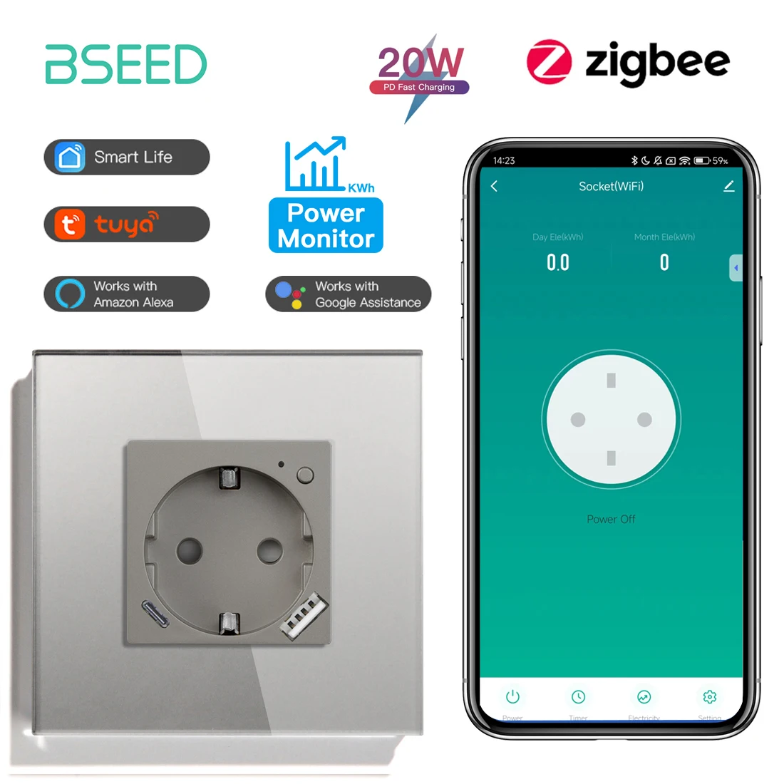 BSEED Умная розетка Zigbee 20 Вт со стеклянными розетками USB Type-c
