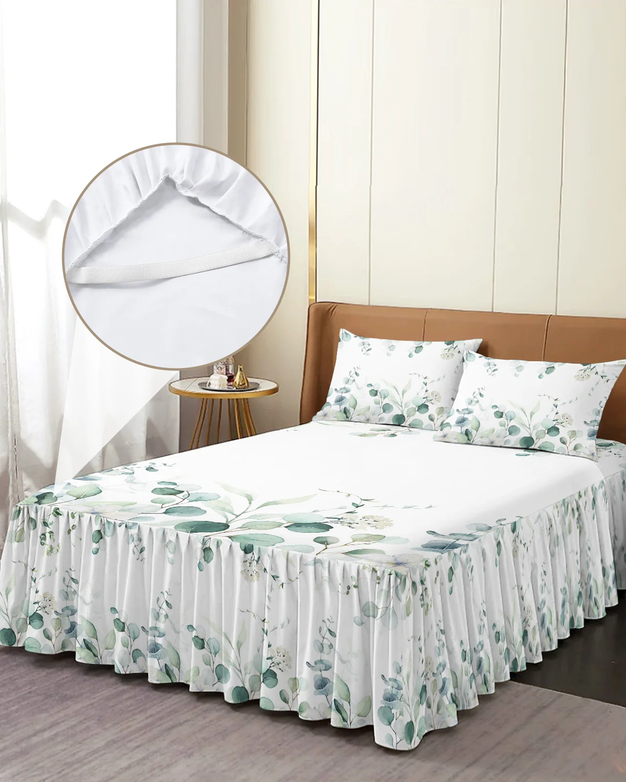 

Комплект постельного белья с принтом листьев эвкалипта, эластичное покрывало с наволочками, наматрасник, Комплект постельного белья