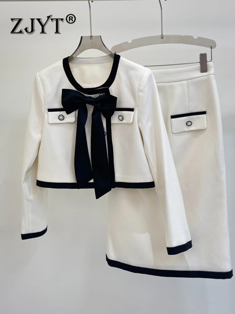 

ZJYT Autumn Winter 2 Piece Dress Set for Women Outfit Elegant Bowknot Jacket and Mini Skirt Suits Office Conjuntos Para Mujeres