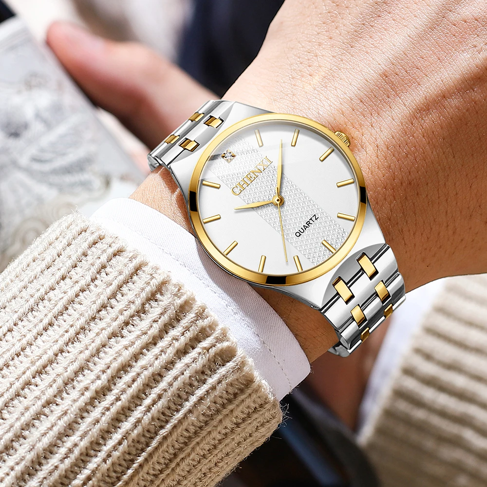 CHENXI Stainless Steel Couple Watches For Women Men Waterproof Quartz Wristwatches Ultra-thin Fashion Luxury Lover's Watch Gifts