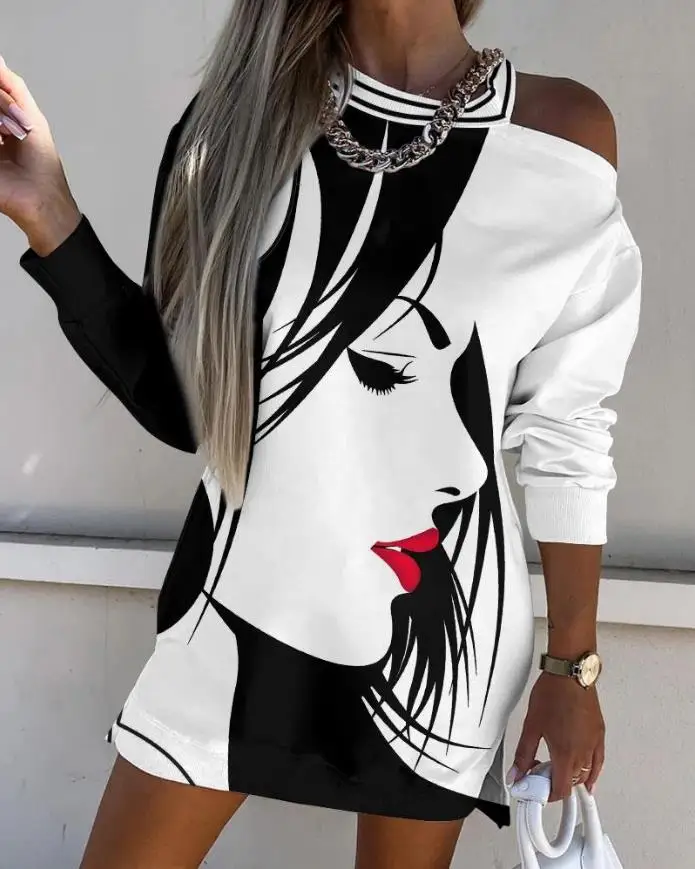 

Fashion Women's Dress Autumn Figure Print Cold Shoulder Long Sleeve Dress Casual Vintage Party Dress Female Sweatshirt