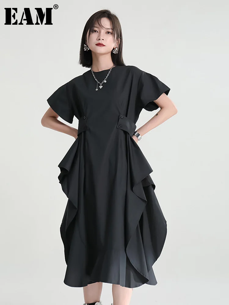 

[EAM] Women Black Irregular Rufflles Long Elegant Dress New Round Neck Short Sleeve Loose Fit Fashion Spring Summer 2023 1DE7728