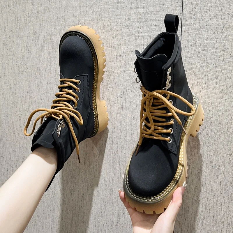 AIYUQI Women's Ankle Boots Genuine Leather 2023 New Yellow Marton Boots Women Platform Lace-up Booties Women