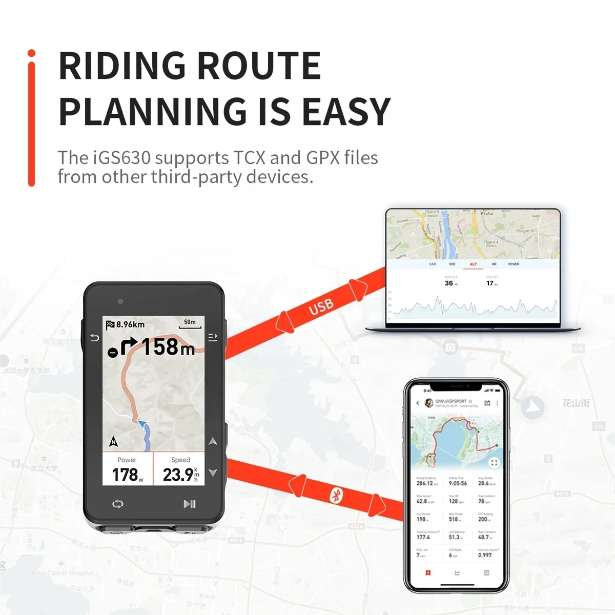 Фото Велокомпьютер IGS630 GPS, беспроводной спидометр, одометр, поддержка навигации по офлайн-картам, маршрут, IGS630s, Strava №3