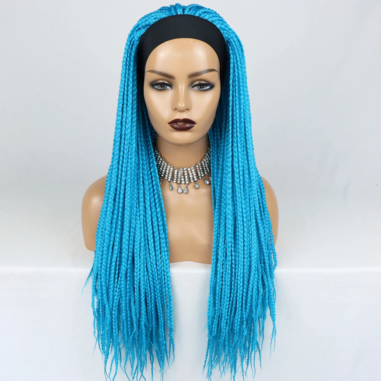 Peluca sintética con diadema de Color azul para mujer negra, pelo largo de 26 pulgadas, peluca trenzada de Caja francesa, peluca trenzada de pelo de ganchillo, banda para el cabello