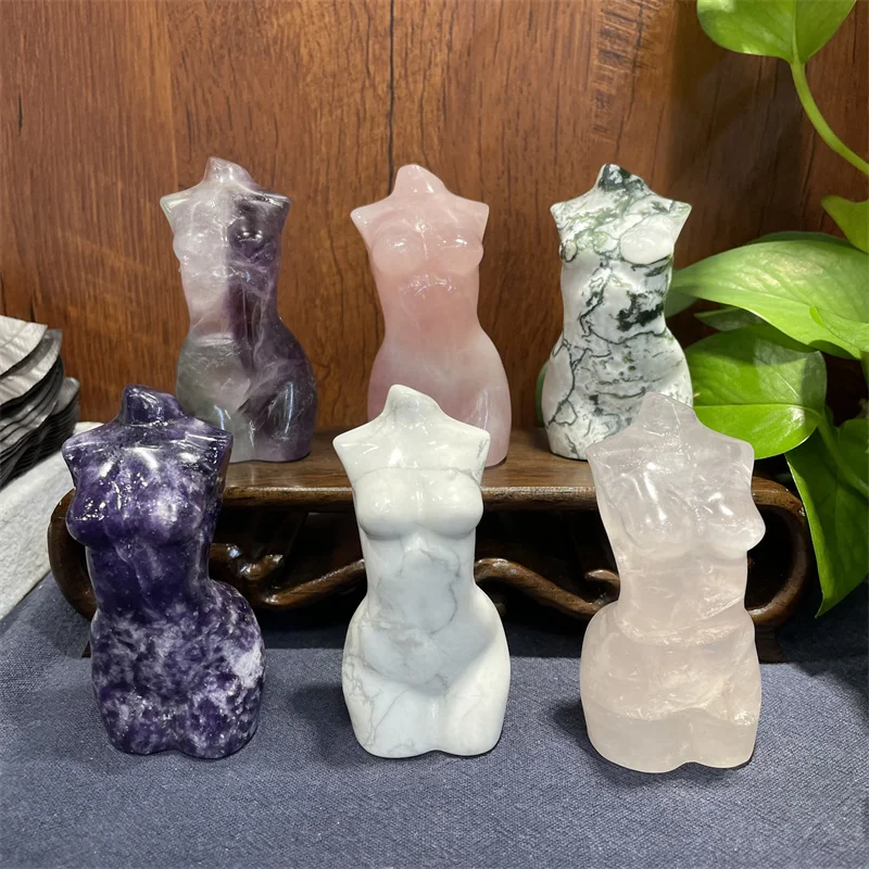 

Высококачественная статуя богини с кристаллами, 8 см, резная женщина, торс, энергичный розовый драгоценный камень, скульптура для тела, деко...