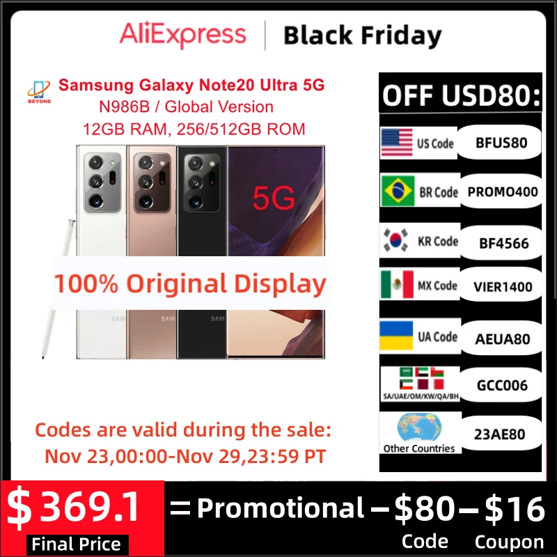 

Samsung Galaxy Note20 Note 20 Ultra 5G N986B Global Version 6.9" 256/512GB ROM 12GB RAM Exynos Original Android Cell Phone