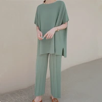 high quality fashion casual knitted two piece set women short sleeve loose pullover topswide leg pants suit thin knitwear suits