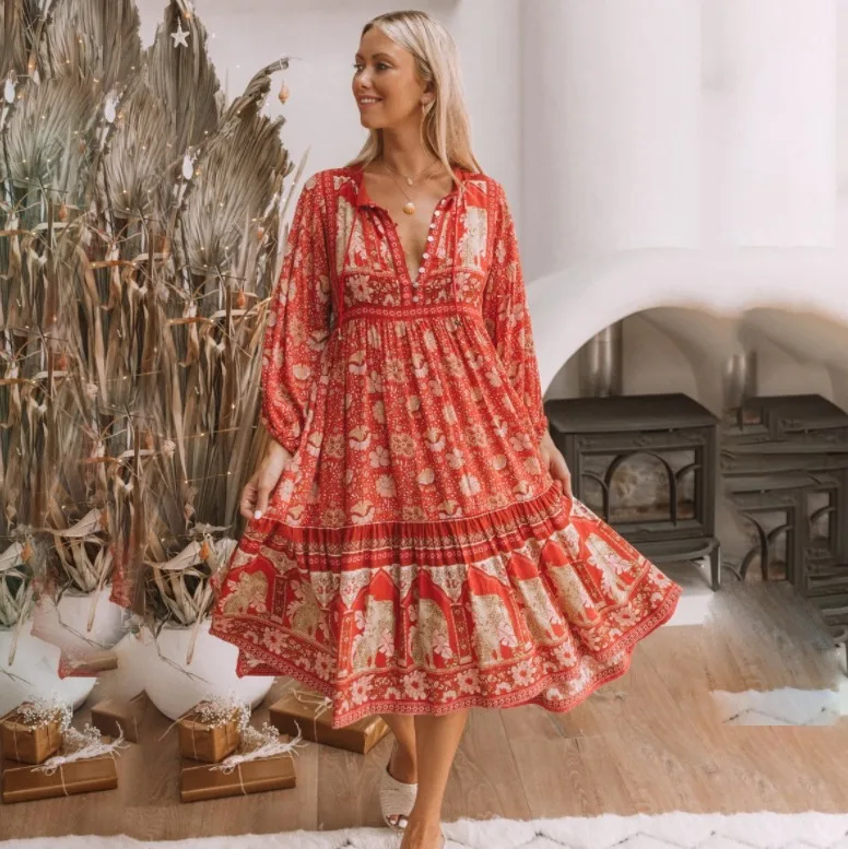 

2022 Spring New Rayon Midi Dress O-neck Button Up Red Dresses Floral Printed Boho Long Dress Mujer Chic Vintage Style Vestidos