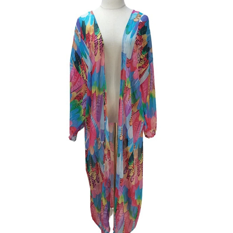 

2022 New Women's Plus Size Clothing Printing Long Swimsuit Cover Up New Summer High Split Chiffon Beach Cardigan Swimwear Cover