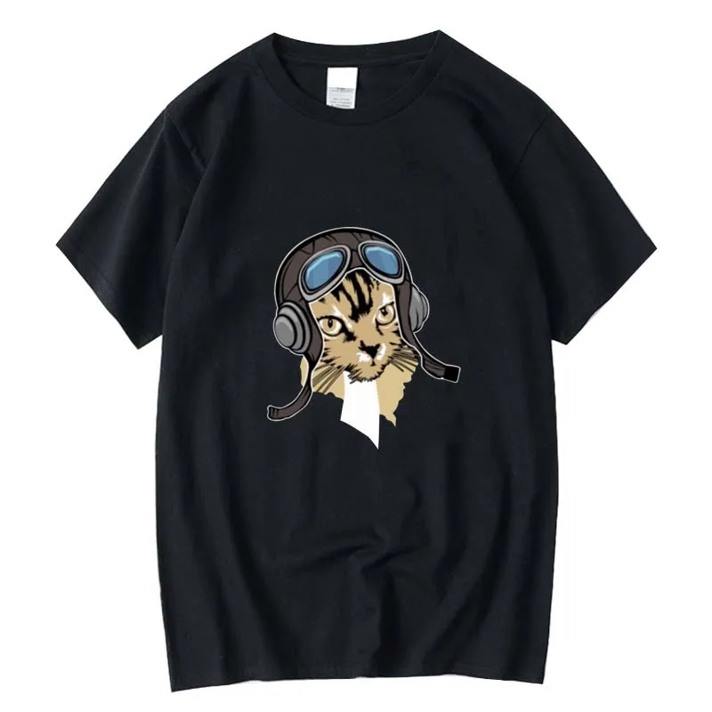

Men's T-shirt High Quality 100% cotton Funny aviator cat print t shirt casual loose men tshirt o-neck knitted t-shirt male tees