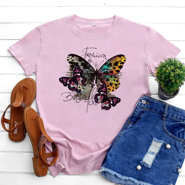 JFUNCY 2023 Fashion Women's T-shirts Cotton Tshirt with Short Sleeve Tops Butterfly Printed Graphic T Shirts Female Clothing 2