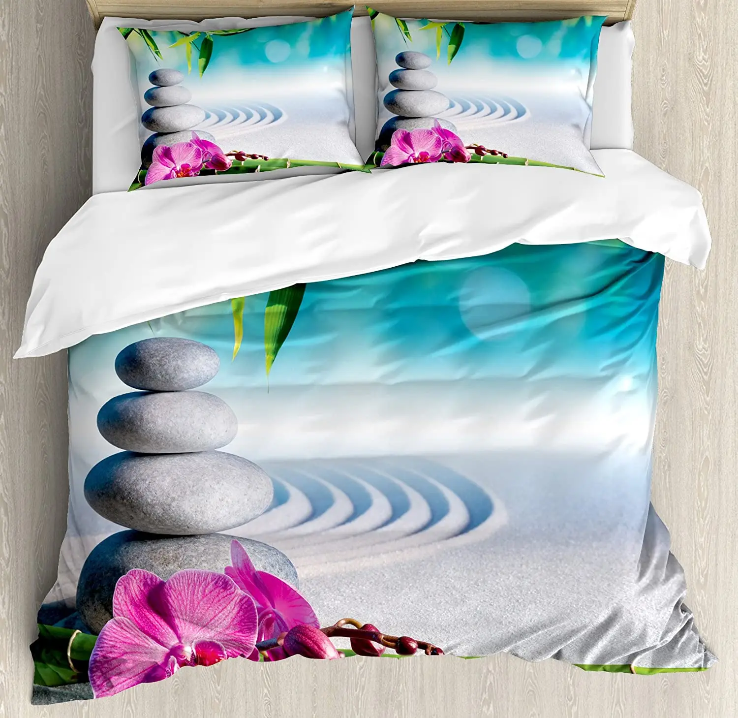 Spa Decor 3pcs Bedding Set Sand Orchid and Massage Stones in Zen Duvet Cover Bed Quilt Pillow Case Comforter