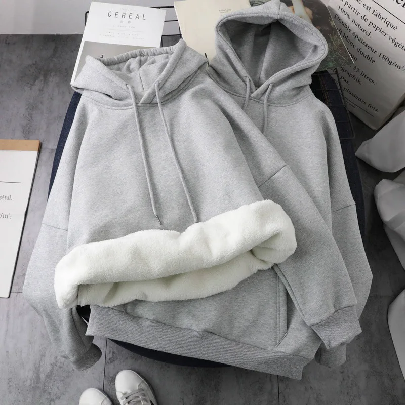 

Plush Thickened Double Layer Hooded Sweater Women's Autumn and Winter Korean Women Solid Hooded Coat Long Sleeve Bottoming Shirt