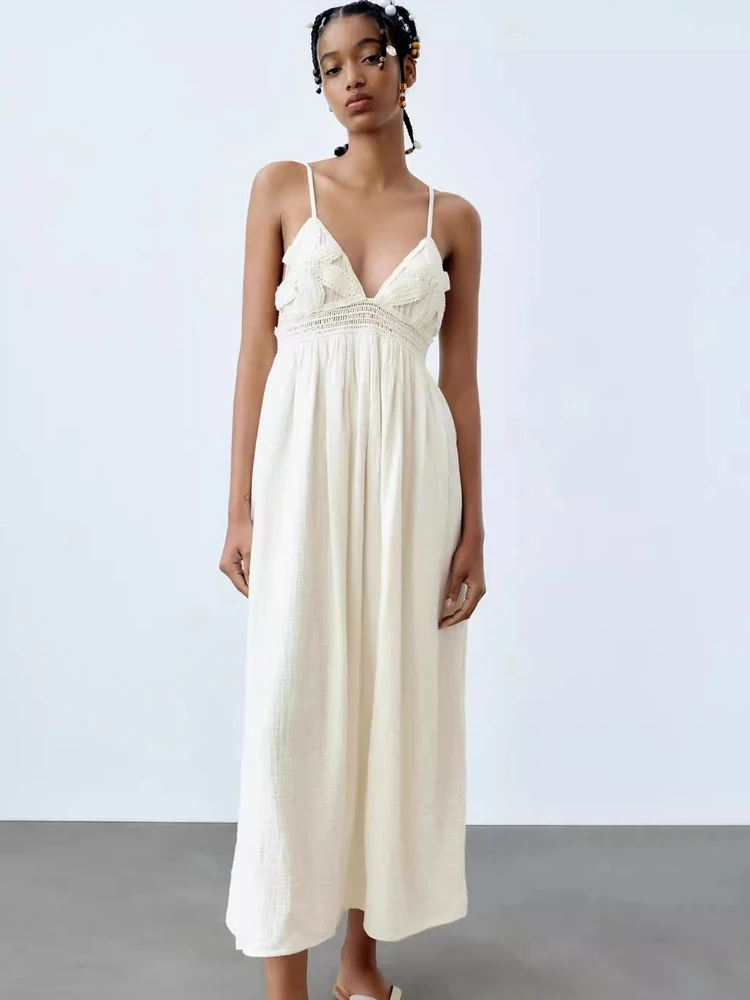 

PB&ZA dress strapless backless v-neck crochet MIDI condole belt dress