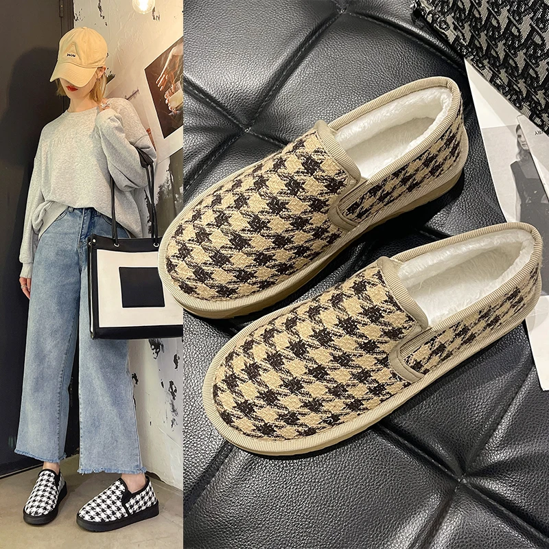 

Size 35-40 Womens Flats Shoes Winter Female Flock Houndstooth Loafers Slip-on Sneakers Mujer Round Toe Zapatos Chaussures