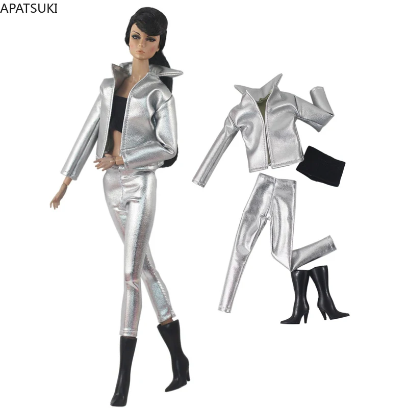

Silver Leather Fashion Clothes Set For Barbie Doll Outfits Coat Jacket Tight Pants Top Boots For Barbie 1/6 Dolls Accessories