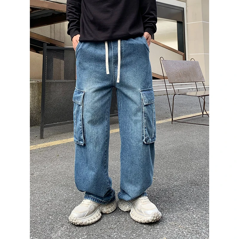 Мужские винтажные джинсы свободные прямые с большими карманами осень 2024
